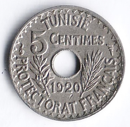 Монета 5 сантимов. 1920(١٣٣٩/١) год, Тунис (протекторат Франции).