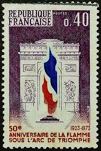 Почтовая марка. "50-летие зажжения огня под Триумфальной аркой". 1973 год, Франция.