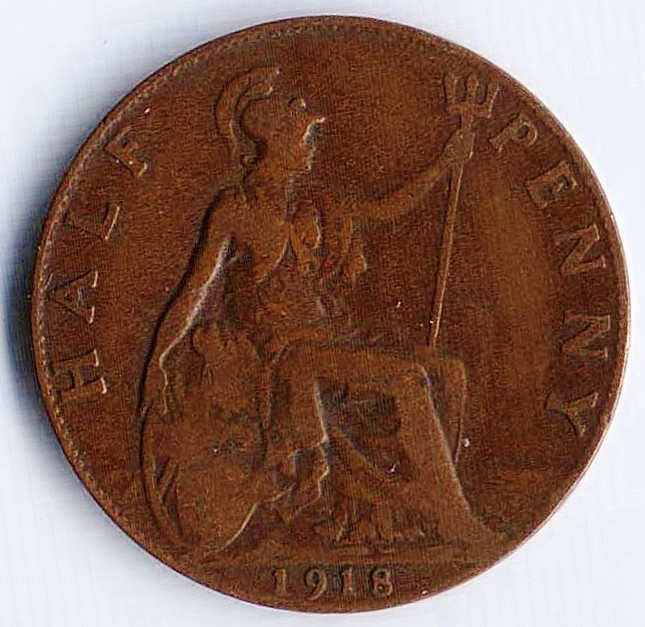 Монета 1/2 пенни. 1918 год, Великобритания.