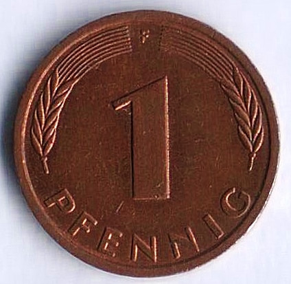 Монета 1 пфенниг. 1986(F) год, ФРГ.