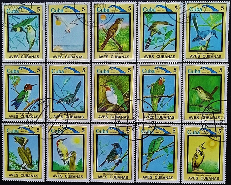 Набор почтовых марок (15 шт.). "Эндемичные птицы". 1983 год, Куба.