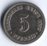 Монета 5 пфеннигов. 1897 год (A), Германская империя.