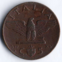Монета 5 чентезимо. 1937 год, Италия.