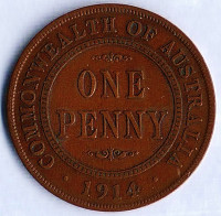 Монета 1 пенни. 1914(L) год, Австралия.