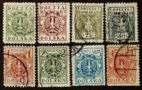 Набор почтовых марок (8 шт.). "Орел на щите в стиле барокко". 1919-1921 годы, Польша.