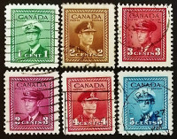 Набор марок (6 шт.). "Король Георг VI, "Военный выпуск"". 1942-1948 годы, Канада.