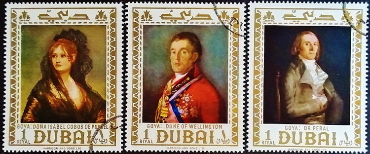 Набор марок (3 шт.). "Картины Франсиско Хосе де Гойи". 1967 год, Дубай.