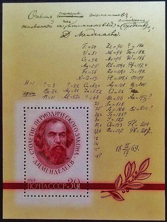 Мини-блок. "100-летие периодической таблицы элементов Менделеева". 1969 год, СССР. Мини-блок. "100-летие периодической таблицы элементов Менделеева". 1969 год, СССР.