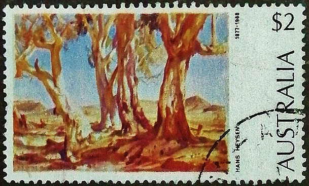 Почтовая марка. «Красные эвкалипты», Ханс Хейзен. 1974 год, Австралия.