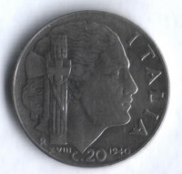 Монета 20 чентезимо. 1940(Yr.XVIII) год, Италия. Тип b.
