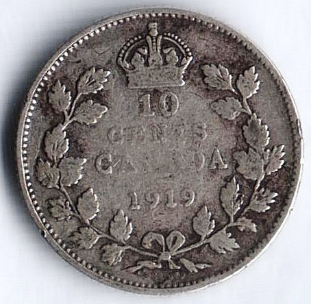 Монета 10 центов. 1919 год, Канада.
