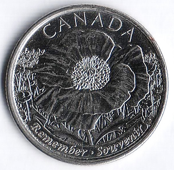 Монета 25 центов. 2015 год, Канада. 100 лет стихотворению "На полях Фландрии".