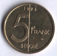 Монета 5 франков. 1994 год, Бельгия (Belgie).