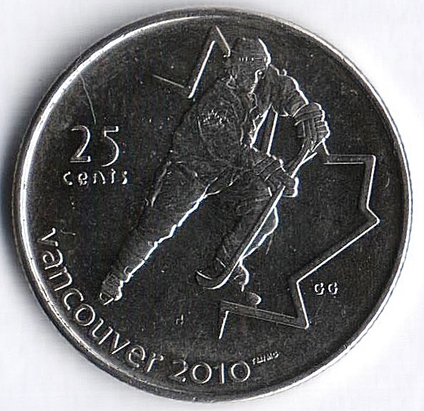 Монета 25 центов. 2007 год, Канада. Ванкувер 2010, хоккей.