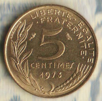 Монета 5 сантимов. 1973 год, Франция.
