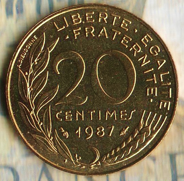Монета 20 сантимов. 1987 год, Франция.