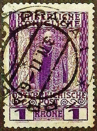 Почтовая марка (1 kr.). "Император Франц Иосиф в коронационном одеянии". 1910 год, Австрия.