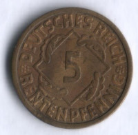 Монета 5 рентенпфеннигов. 1924 год (J), Веймарская республика.