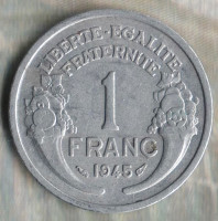 Монета 1 франк. 1945 год, Франция.