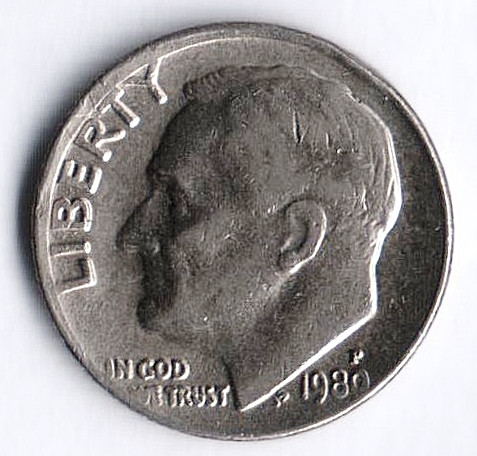 Монета 10 центов. 1980(P) год, США.