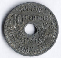 Монета 10 сантимов. 1941 год, Тунис (протекторат Франции).