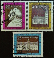 Набор почтовых марок (3 шт.). "450-летие публикации Лютером 95 тезисов". 1967 год, ГДР.