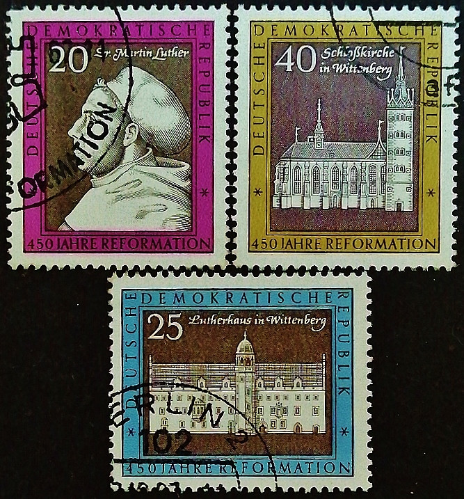 Набор почтовых марок (3 шт.). "450-летие публикации Лютером 95 тезисов". 1967 год, ГДР.