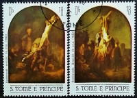 Набор почтовых марок (2 шт.). "Пасха - Картины Рембрандта ван Рейна". 1983 год, Сан-Томе и Принсипи.