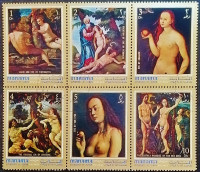Сцепка марок (6 шт.). "Картины обнаженной натуры: Адам и Ева". 1971 год, Манама.
