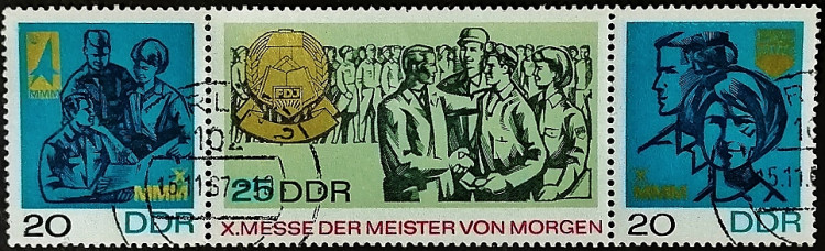Сцепка почтовых марок (3 шт.). "Ярмарка мастеров завтрашнего дня". 1967 год, ГДР.