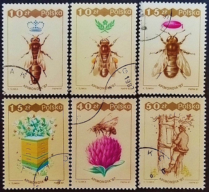 Набор почтовых марок (6 шт.). "XXXI Всемирный конгресс по пчеловодству, Варшава". 1987 год, Польша.