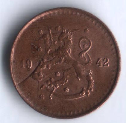 25 пенни. 1942 год, Финляндия. Брак, раскол штемпеля. 25 пенни. 1942 год, Финляндия. Брак, раскол штемпеля.