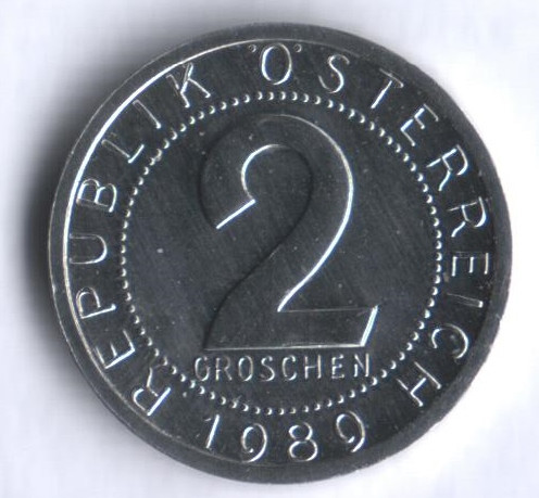 Монета 2 гроша. 1989 год, Австрия.