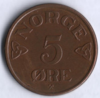 Монета 5 эре. 1953 год, Норвегия.