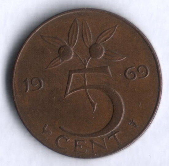 Монета 5 центов. 1969 год, Нидерланды. (Петух).