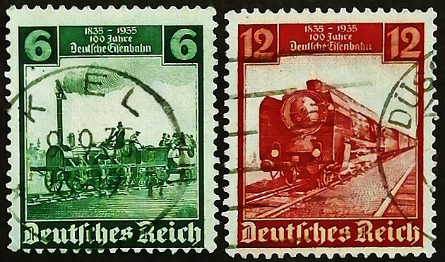 Набор марок (2 шт.). "100 лет немецкой железной дороге". 1935 год, Германский Рейх.