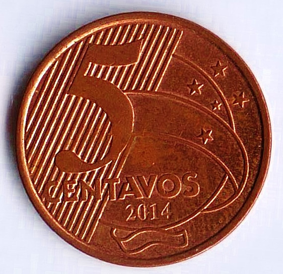 Монета 5 сентаво. 2014 год, Бразилия.