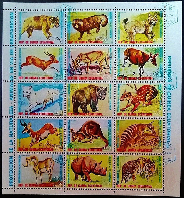 Блок почтовых марок (15 шт.). "Животные, находящиеся под угрозой исчезновения". 1974 год, Экваториальная Гвинея. Блок почтовых марок (15 шт.). "Животные, находящиеся под угрозой исчезновения". 1974 год, Экваториальная Гвинея.