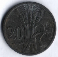 Монета 20 геллеров. 1943 год, Богемия и Моравия.