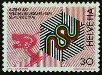 Марка почтовая. "Чемпионат мира по горнолыжному спорту, Санкт-Мориц-1974". 1973 год, Швейцария.