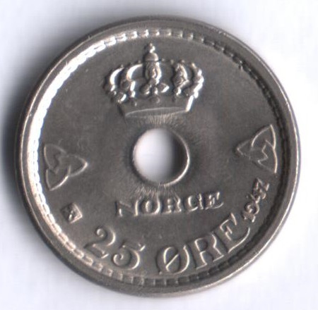 Монета 25 эре. 1947 год, Норвегия.