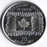 Монета 25 центов. 2015 год, Канада. 50 лет флагу Канады.