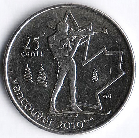 Монета 25 центов. 2007 год, Канада. Ванкувер 2010, биатлон.