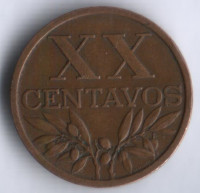 Монета 20 сентаво. 1961 год, Португалия.