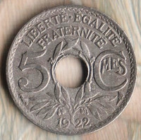 Монета 5 сантимов. 1922 год, Франция. "Рог изобилия".