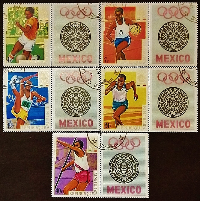Набор почтовых марок (10 шт.). "Летние Олимпийские игры - Мехико`1968". 1968 год, Бурунди.