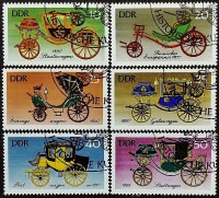 Набор почтовых марок (6 шт.). "Кареты". 1976 год, ГДР.