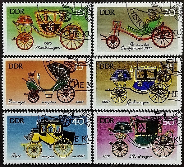 Набор почтовых марок (6 шт.). "Кареты". 1976 год, ГДР.