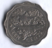 Монета 10 центов. 1989 год, Багамские острова.