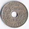 Монета 25 сантимов. 1919 год, Тунис (протекторат Франции).